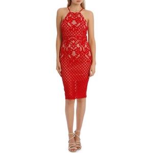 NWT REVOLVE hi neck red lace open back midi dress